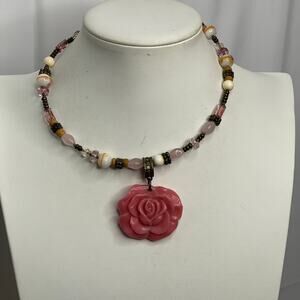 Pendant necklace rose pink beaded easy on & off costume jewelry natural neutral